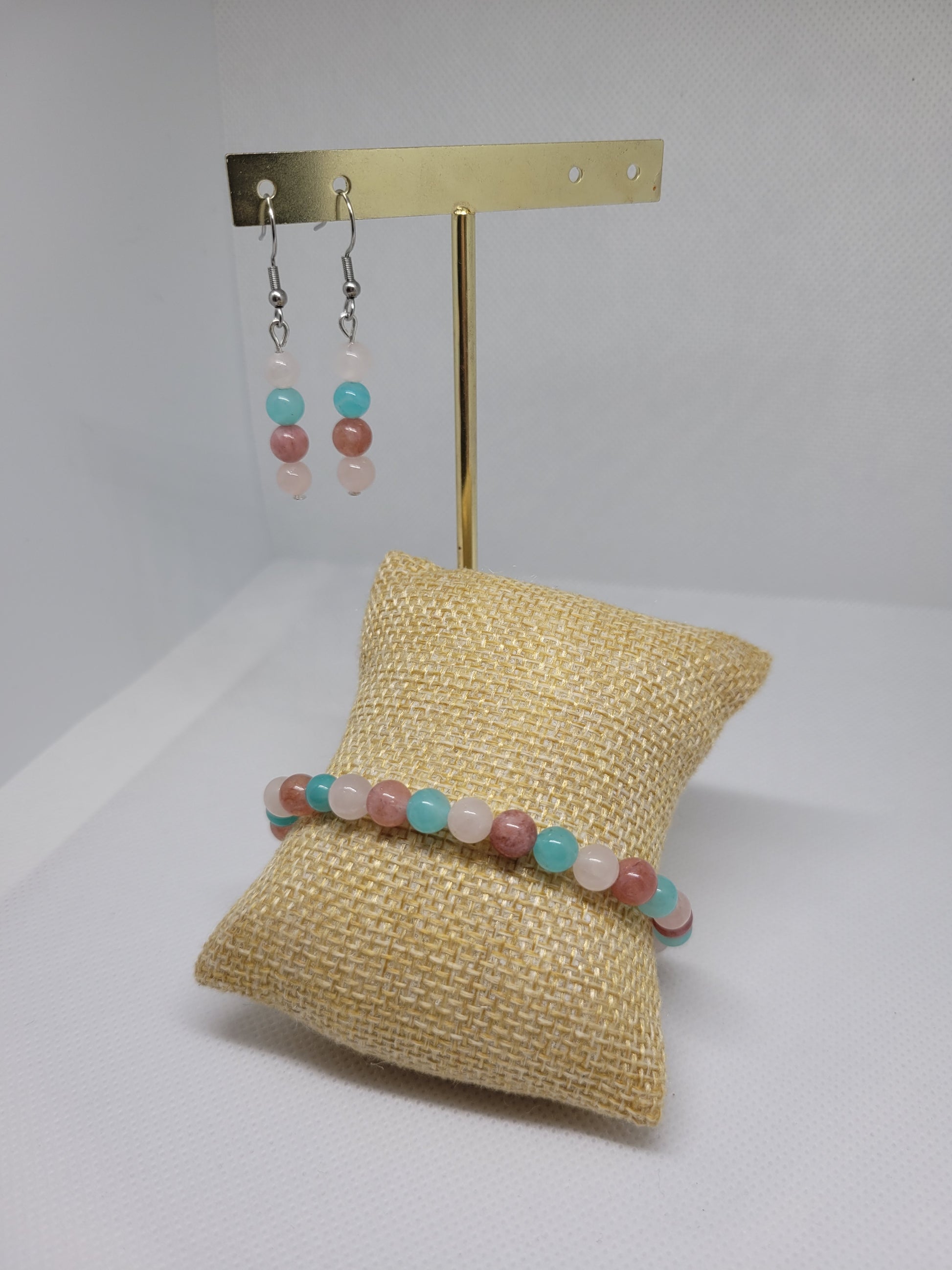 Parure - Amazonite, Pierre de soleil et Quartz rose